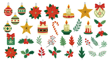 Festive Christmas holiday collection with ornaments, candles, poinsettias, holly, candy canes, gifts, and stars. Warm seasonal imagery is ideal for campaigns, greetings, and family celebrations.