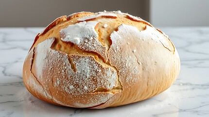 An ultra-realistic depiction of a freshly baked sourdough loaf, its crust golden brown and crackled, dusted with flour