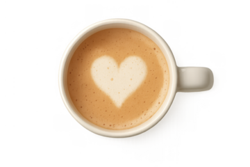 Coffee cup with heart latte art, top view. Cappuccino beverage with foam, loving drink on transparent background