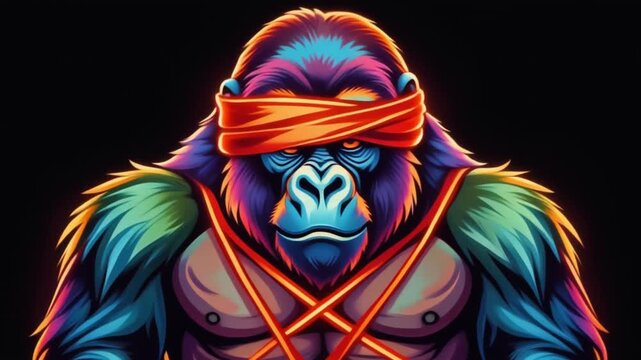 Stylized Colorful Gorilla Character Wearing Red Blindfold, Neon Pop Art Animation