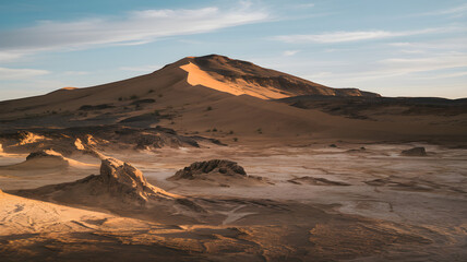 Naklejka premium A vast, dry landscape with a prominent brown mountain under a clear sky, featuring unique geological formations and dry, cracked earth in the foreground