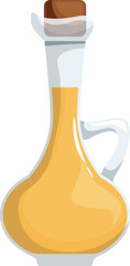 Elegant glass jug containing golden olive oil, sealed with a cork stopper, isolated on white background