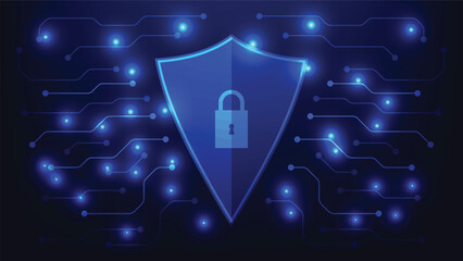 shield with padlock symbol on blue background with hi tech circuit board. cyber security technology and fraud prevention