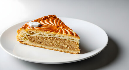 Slice of Epiphany cake on white plate with decorative frosting  