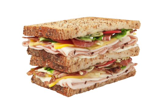 Multi- Layered Club Sandwich on Whole Wheat Bread multi-layered isolated on a transparent background