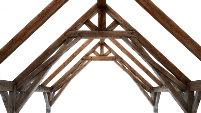 Old wooden beams form a rustic roof structure overhead against a dark sky