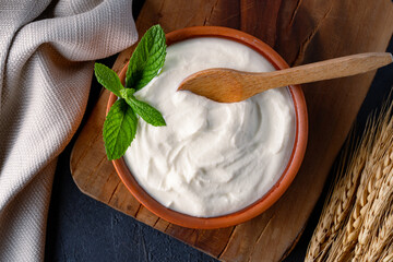 Traditional yogurt, full-fat or nonfat. Yogurt made from cow's or goat's milk on black background
