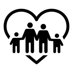 Solid icon of family love, parenting and childcare. A black vector illustration featuring parents and children in a heart. Represents protection, happiness, togetherness, and a caring home.