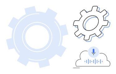Gear mechanisms in blue and black representing technical processes, a cloud indicating online systems, and voice input with soundwave showcasing AI and automation. Ideal for innovation, digital