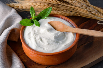 Traditional yogurt, full-fat or nonfat. Yogurt made from cow's or goat's milk on wooden background	