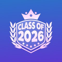Celebrate the class of 2026 with this emblem featuring a shield, crown, and wheat stalks, perfect for graduation announcements and party decorations