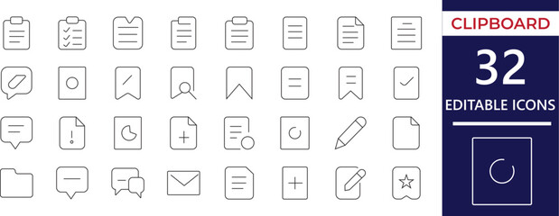 Minimal clipboard editable simple line icon set featuring notes, tasks, checklists, documents, reminders, and productivity elements for professional use.