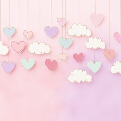 Romantic Valentine Love Theme - Pastel Hanging Hearts and Clouds on Pink Background for Romantic Themes for couples and celebration background