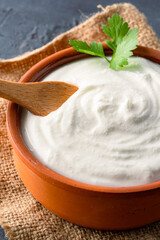 Traditional yogurt, full-fat or nonfat. Yogurt made from cow's or goat's milk on black background