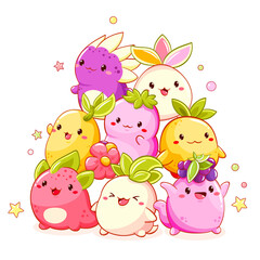 Stack of kawaii characters. Cute little monsters fooling around. Pile of Funny happy baby monsters. Can be used for t-shirt print, sticker, greeting card, menu design. Vector illustration EPS8