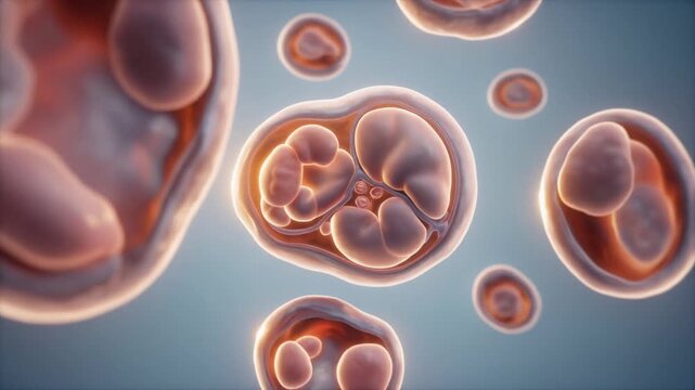 Detailed 3D rendering of early-stage cellular division or embryonic development, revealing the complex structures within microscopic biological entities and their intricate formation