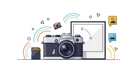 Retro camera with accessories and photo frame, concept of photography and memories