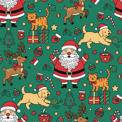 Cute Christmas pattern vector. Seamless Santa Claus pattern with dog, cat, and reindeer. Cute Doodle Pet Holiday Background.