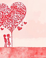 A romantic vector illustration of a couple holding heart-shaped balloons under a designed tree for a Valentine's Day greeting card