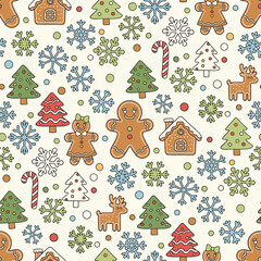 Cute Christmas pattern vector. Seamless Doodle Christmas pattern with gingerbread, snowflake, and tree. Cute Doodle Christmas Holiday Background.
