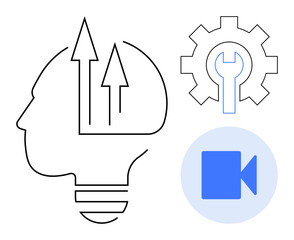 Human head outline with upward arrows, gear with wrench, and video icon. Ideal for innovation, education, technical skills, creativity, video learning, problem-solving and productivity concepts in