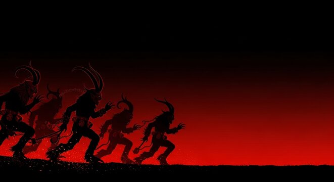 Krampus Run, dark red-to-black gradient background, ominous Krampus silhouettes with horns - Powered by Adobe