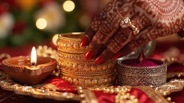 Golden Bangles Diya Light Karva Chauth Ritual Preparation