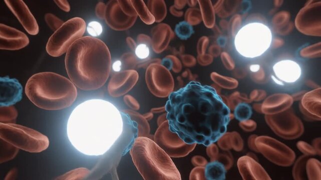 Conceptual 3D rendering of targeted therapy, with glowing nanoparticles or immune cells attacking a cancer virus in the bloodstream with red blood cells