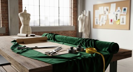 Fashion designer table with green velvet fabric roll scissors and patterns in atelier