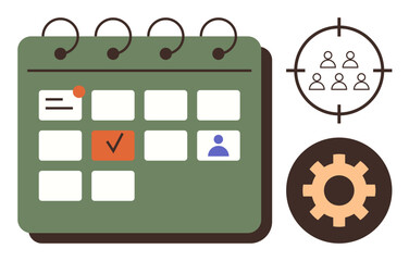 Green calendar with a task checkmark, target group, and gear symbolizing planning, productivity, organization, scheduling, team management, efficiency, and workflow in a simple flat metaphor © robu_s