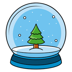 Cartoon snow globe with a single pine tree and falling snowflakes