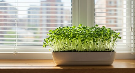 Fresh green microgreens growing in a white pot on a wooden windowsill. Healthy organic food and urban gardening concept for home cooking.