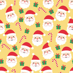 Christmas Santa Claus Vector. Seamless Gift And Candy Cane Pattern with Cute Santa Faces. Merry Christmas  Holiday seamless pattern Background.
