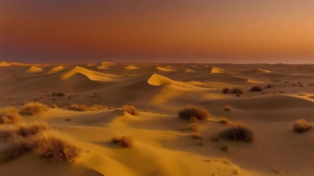 Desert Landscape with Rolling Sand Dunes and Dramatic Sunset Sky