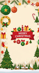 Festive christmas background with ornaments gifts and winter village scene creating a joyful holiday atmosphere perfect for greeting cards and seasonal promotions with a classic design (200)
