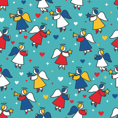 Merry Christmas Pattern Vector. Seamless Pattern Background with Angels, Hearts and Sparkles.