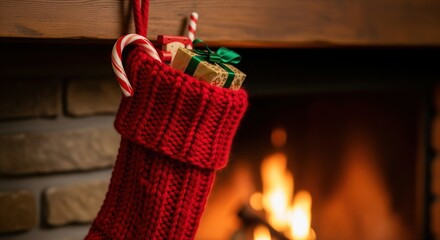 Red knitted christmas stocking with gifts and candy canes hanging on fireplace near fire
