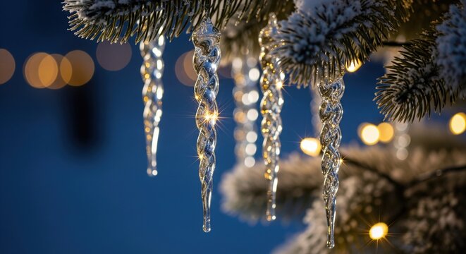 Glass icicle christmas ornaments hanging on snowy fir tree branch with warm bokeh lights