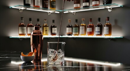 Obraz premium Mixing a cocktail with a bar spoon in a glass with ice on a marble counter in a luxury bar