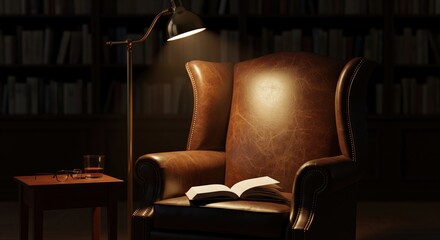 Classic brown leather armchair with an open book and whiskey in a dark vintage library