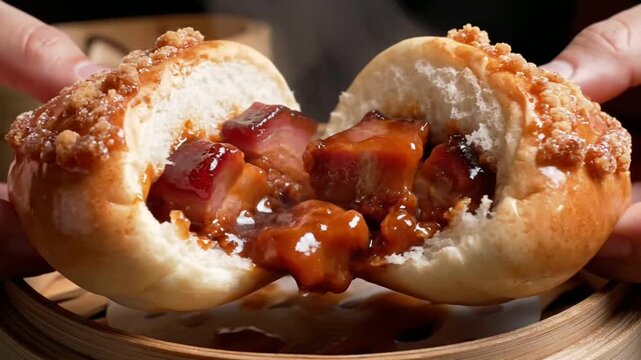 Caramelized char siu bao opening to reveal filling