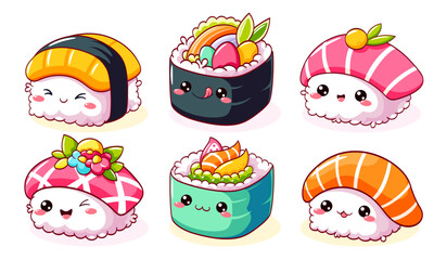 Set of cute sushi and rolls in kawaii style. Japanese traditional cuisine dishes. Can be used for t-shirt print, sticker, greeting card, menu design. Vector EPS8