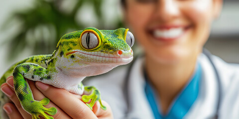 Veterinarian smiling while holding green gecko in clinic setting