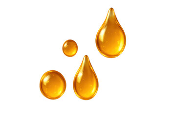 Golden oil drops dripping, showing liquid texture and shine, perfect for cosmetic product or food concepts on transparent background