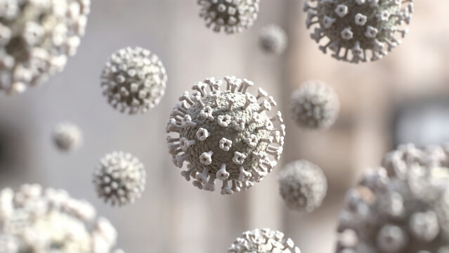 Microscopic 3D Render of Abstract Virus Cells Floating in a Blurred Biological Environment