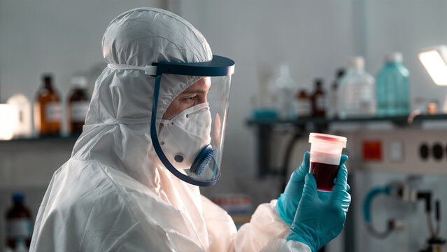 Researcher in Full PPE Examining a Red Biological Sample in a Sterile Laboratory - Powered by Adobe