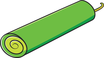 Green cartoon firecracker with a yellow fuse on a white background