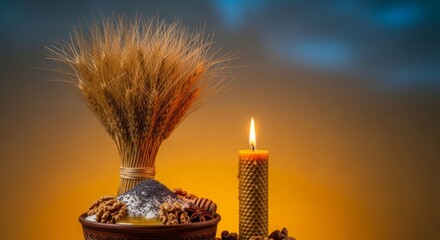 Ukrainian Christmas (Sviatyi Vechir) banner, wheat & candle