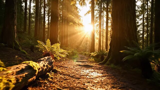 Sunlight filters through tall trees in a serene forest, creating a magical atmosphere as leaves rustle gently. The forest floor is covered in lush ferns and soft earth, inviting ex