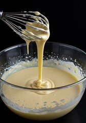 Thick, creamy batter pours smoothly from a metal whisk into a clear glass mixing bowl, capturing the essence of baking preparation ,kitchenware ,dessert ,mix